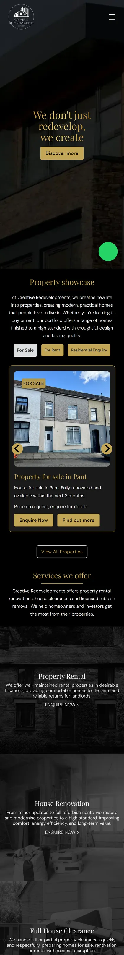Creative Redevelopments website on a phone