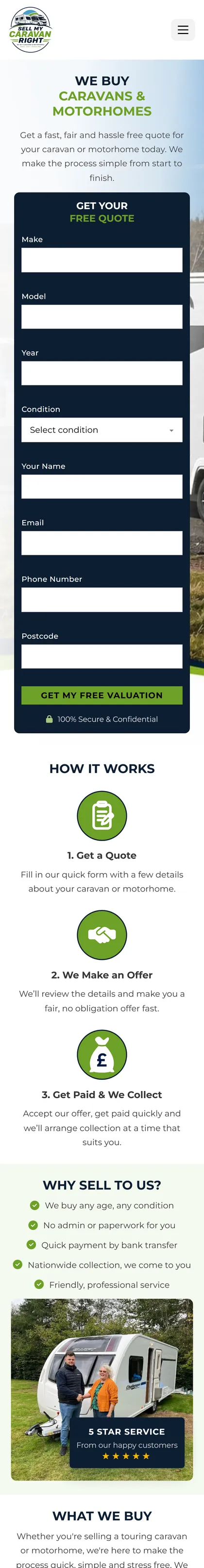 Sell My Caravan Right website on a phone